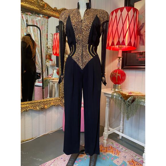 vintage 1980s IIF leopard jumpsuit sheer sleeves corset 80s glam s 26 statement - Picture 1 of 8